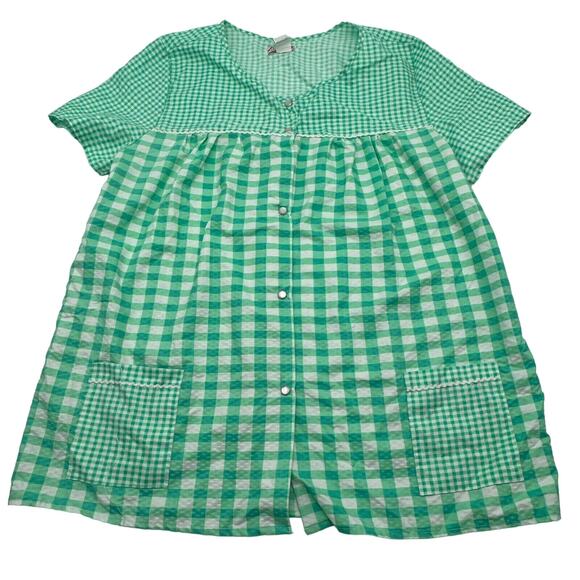 TOTI FASHION Women Large Vintage Green White Gingham Check Nightgown Smock Snaps - Picture 2 of 7